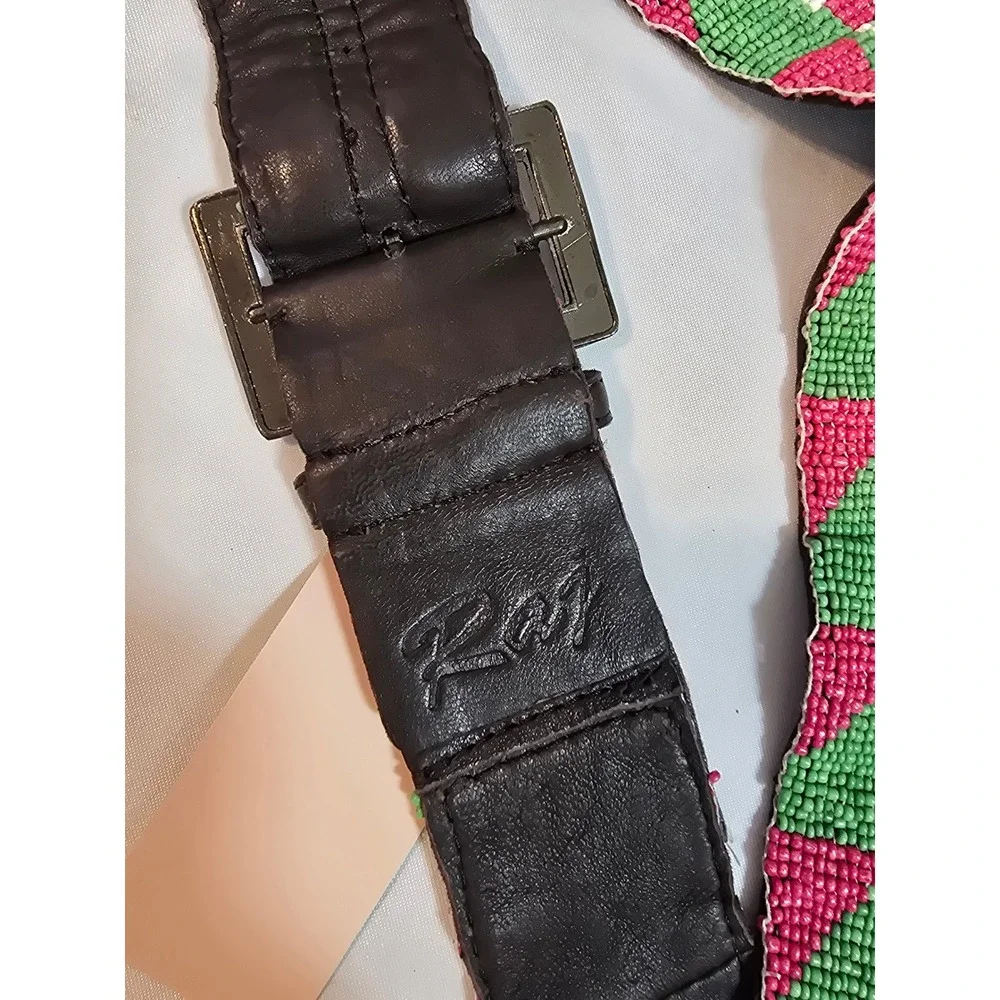 Raj Pink Green Geometric Beaded Leather‎ Belt Boho Statement Handcrafted Wide